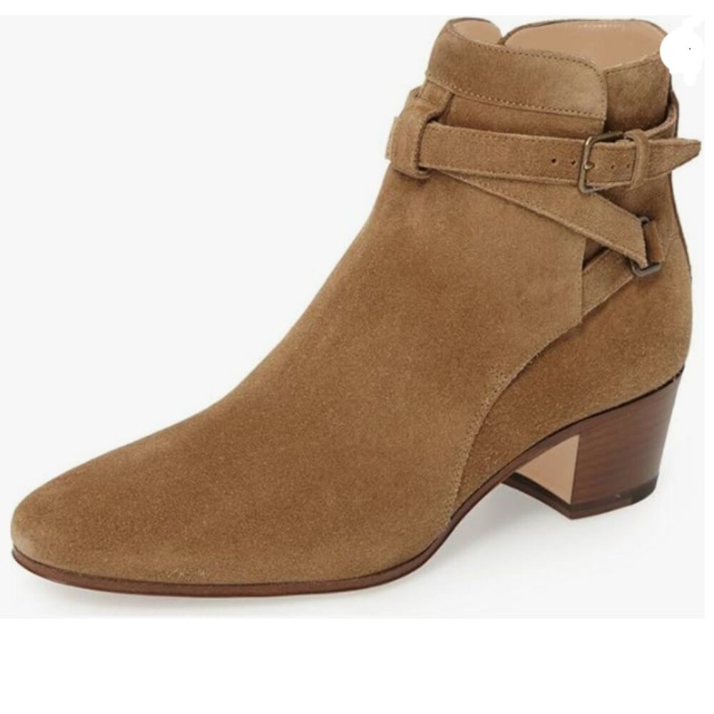 FSJ Camel Round Toe Comfortable Walking Chunky Heel Strappy Buckle Ankle Boots